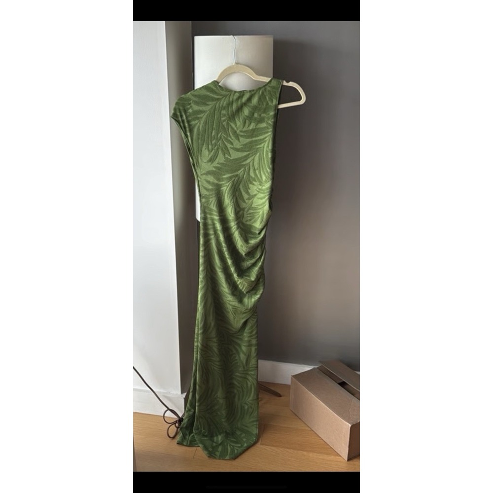 Zara Green Palm Leaves  Long Sleeve Ruched Side Tubular Midi Dress Sz Med - Picture 9 of 13